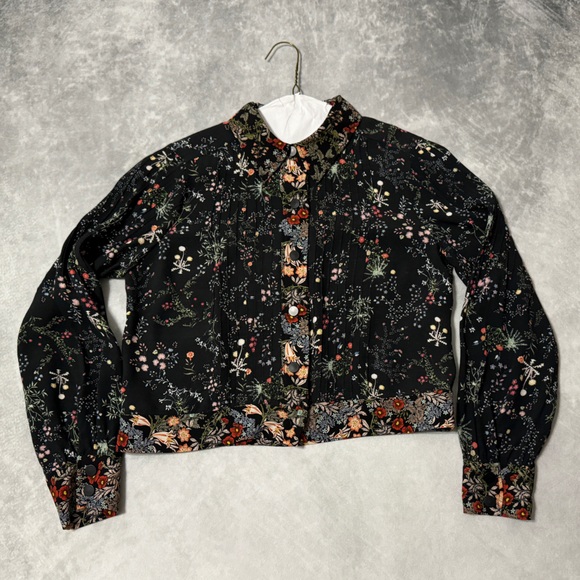 ZARA Black Multicolor floral, Long sleeve Cropped snap-front top, Size M - Picture 1 of 13